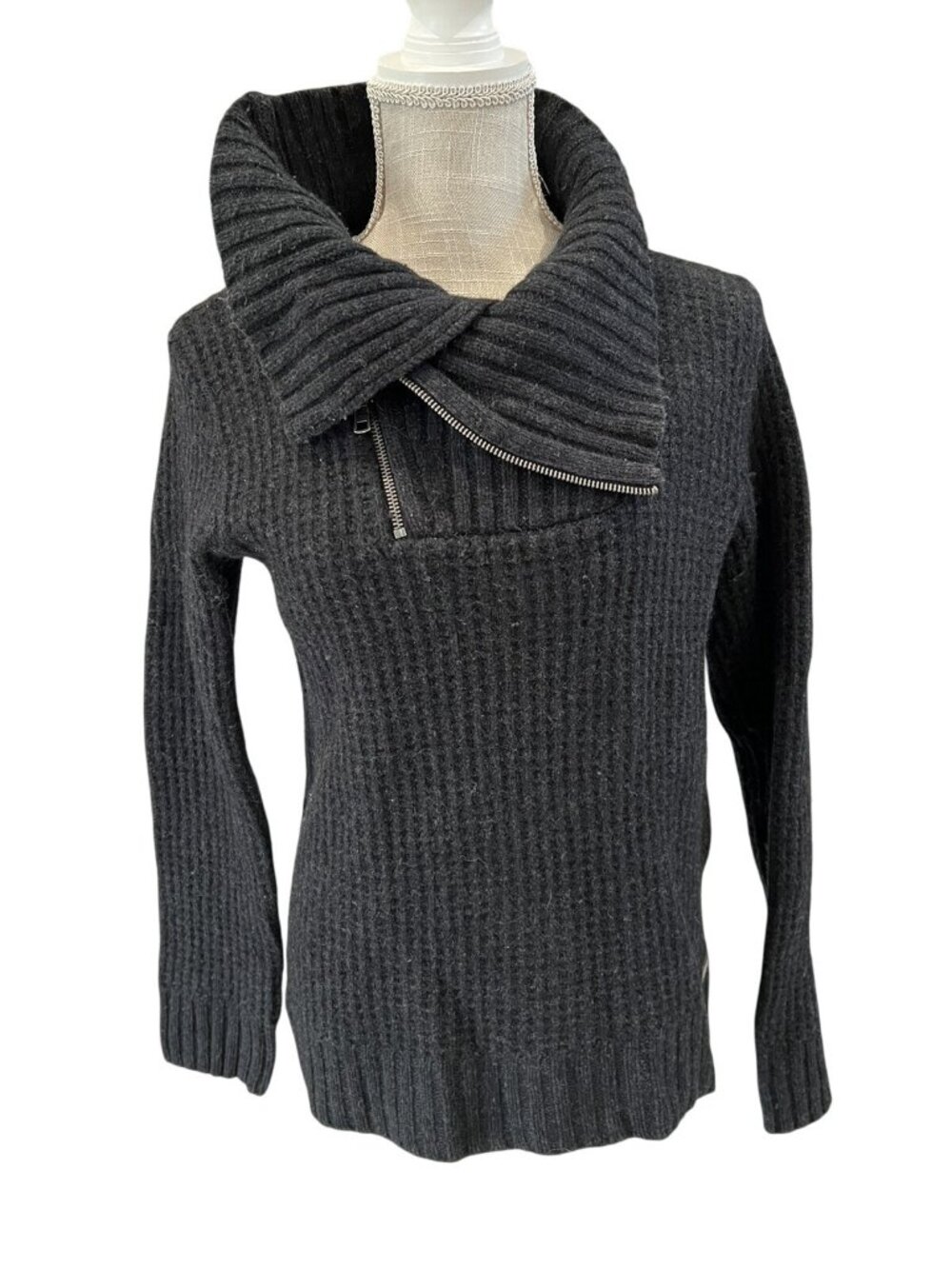 Armani Exchange Womens Gray Ribbed Knit Sweater With Asymmetrical Zipper Size M